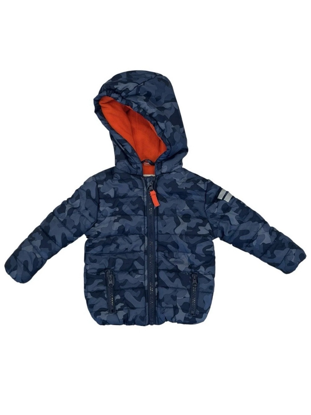 Zeeman Baby 9 Months Puffer Jacket Hooded Blue Camo Print Orange Lining